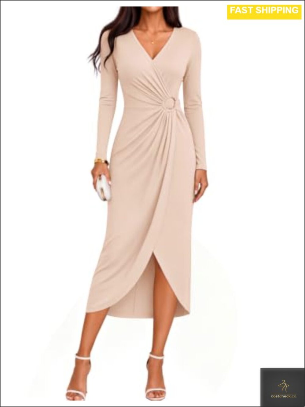 Long Sleeve Deep V-Neck Wrap Bodycon Midi Cocktail Party Dress